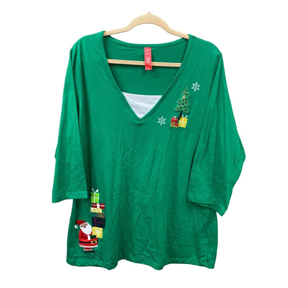 Christmas Tshirt 2XL 18/20 Green Embroidered Santa Casual Holiday Novelty Kitsch - Picture 10 of 10